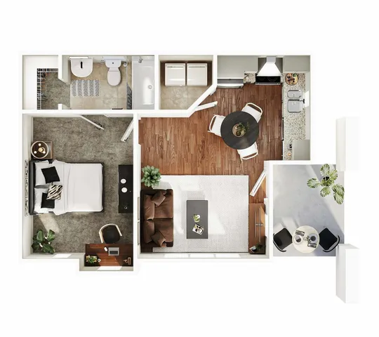 Chic 1-bedroom apartment floor plan with modern open living area, stylish kitchen, and inviting balcony perfect for relaxation.