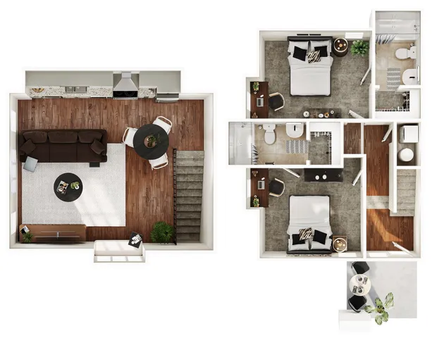 Modern 2-story floor plan showcasing an inviting open-concept living area, 2 cozy bedrooms, stylish kitchen, and elegant bathrooms.