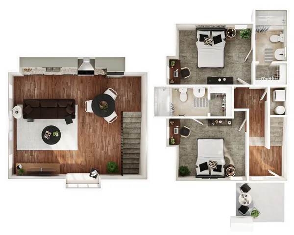 Modern 3D floor plan showcasing a two-bedroom apartment with plush carpeting, open-concept living area, sleek kitchen, and private balcony.