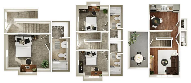 Elegant floor plan showcasing two bedrooms, open living space, modern kitchen, and stylish outdoor patio area.