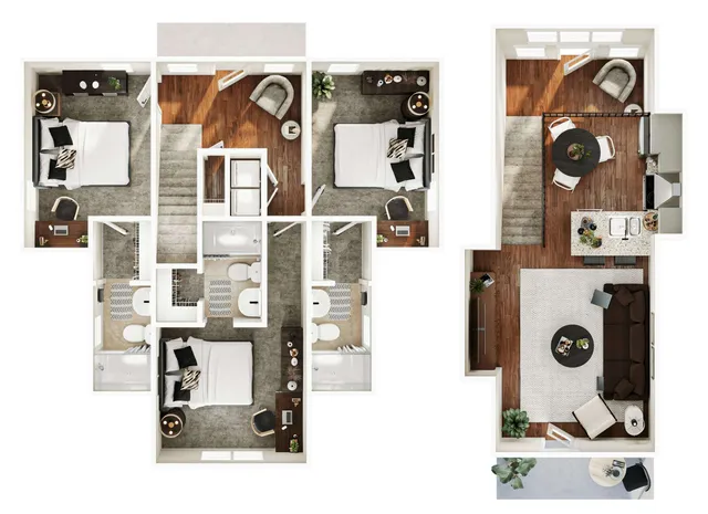 Modern floor plan showcasing 3 spacious bedrooms, elegant open-concept living room, and stylish kitchen with dining area.