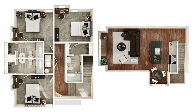 Elegant floor plan showcasing a spacious two-bedroom apartment with en-suite bathrooms, an open living and dining area, and a modern kitchen.