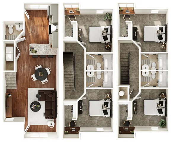 Inviting 3D floor plan of a stylish three-bedroom apartment with a modern kitchen, cozy living area, and two chic bathrooms, offering a perfect blend of comfort and elegance.