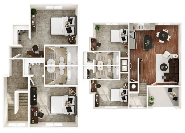 Elegant 3D floor plan showcasing three spacious bedrooms, a modern kitchen, and a cozy open-concept living and dining area with ample natural light.