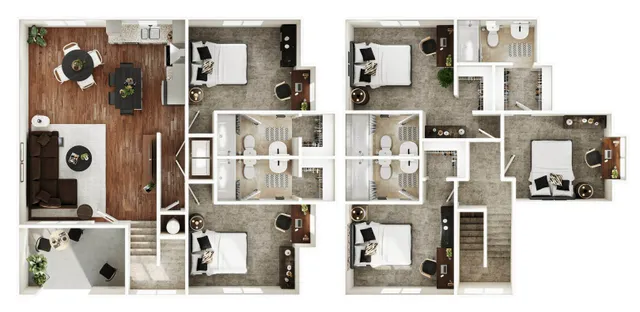 Charming floor plan showcasing a spacious 3-bedroom apartment with modern design, featuring an open-concept living and dining area, stylish kitchen, and two elegant bathrooms.