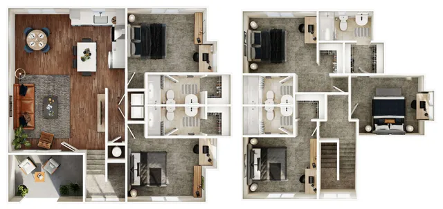 Spacious 3D floor plan showcasing 3 bedrooms, modern living area, open kitchen, and elegant bathrooms.