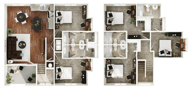 Elegant floor plan showcasing three bedrooms, cozy living room, modern kitchen, and dual bathrooms, perfect for spacious living.