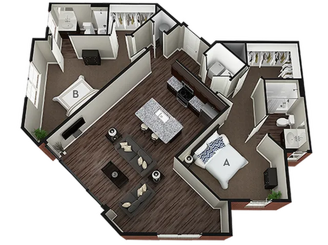 Sleek 3D floor plan featuring two cozy bedrooms, a modern open-concept living area, and a fully-equipped kitchen with an island.