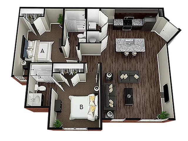 Contemporary 2-bedroom floor plan with open-concept kitchen, stylish living area, and two modern bathrooms.