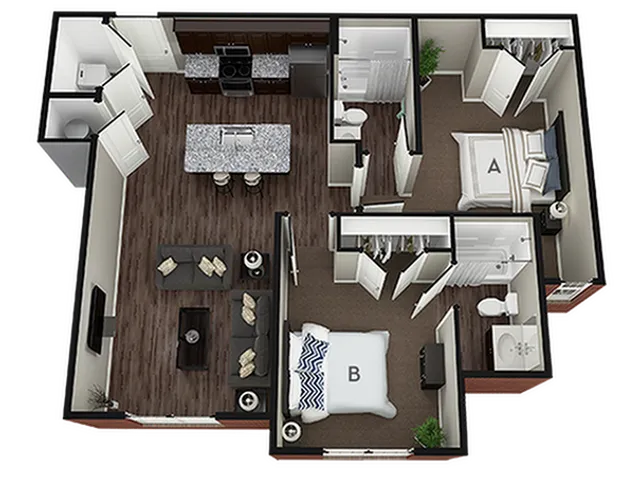 Modern floor plan featuring 2 cozy bedrooms, an inviting open-concept living and kitchen area, with contemporary finishes and two stylish bathrooms.