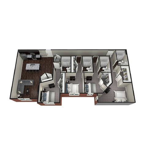 Beautiful 3D floor plan showcasing three bedrooms, open living area, modern kitchen, and stylish bathrooms.