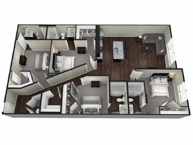 Luxurious 3D floor plan featuring three bedrooms, two modern bathrooms, and an open-concept kitchen and living area with elegant flooring.