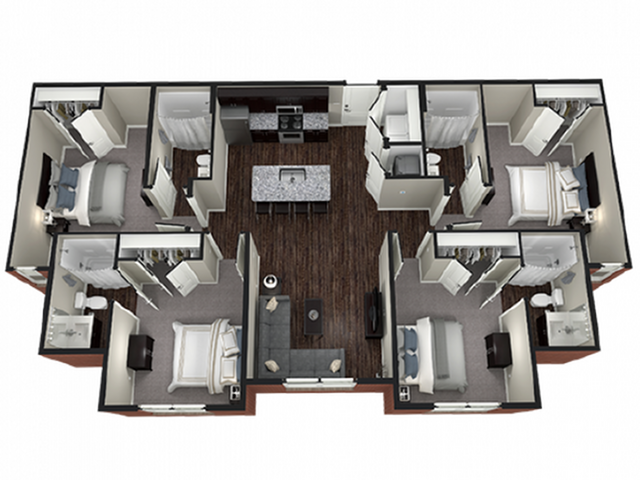 Modern 3D apartment floor plan showcasing four bedrooms, a central open kitchen with island, and cozy living area, ideal for shared living.