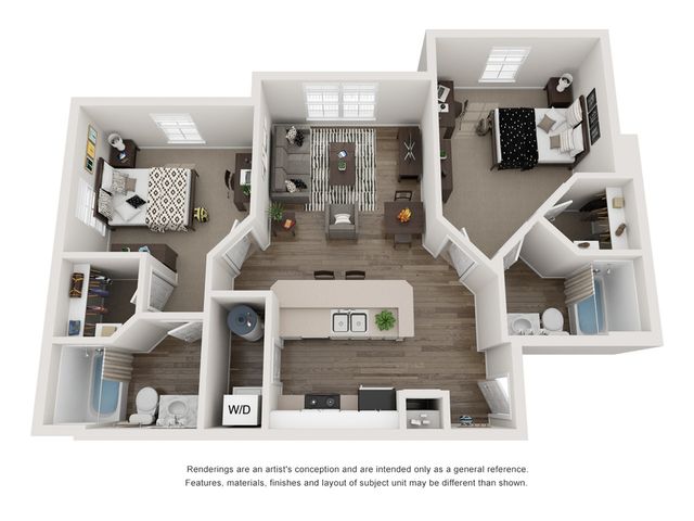 Modern 3D floor plan showcasing 2 bedrooms, a stylish open-concept living area, and a sleek kitchen with island seating. Includes two bathrooms, a cozy living room, and convenient washer-dryer setup.