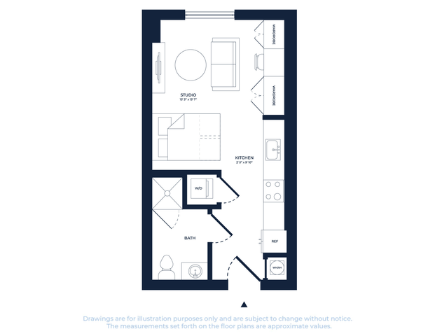 Efficient studio apartment floor plan with integrated kitchen, cozy living space, and modern bathroom. Includes two wardrobes and a convenient washer/dryer area, maximizing functionality in a compact design.