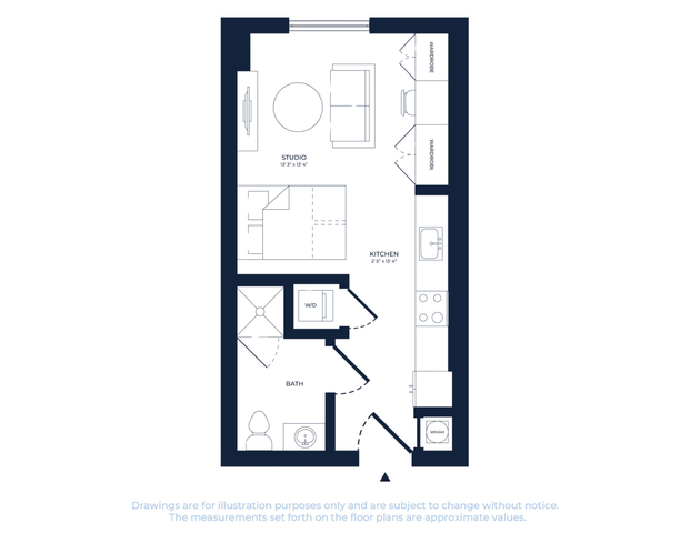 Modern studio apartment floor plan featuring a spacious living and sleeping area, compact kitchen, and stylish bathroom with washer/dryer.