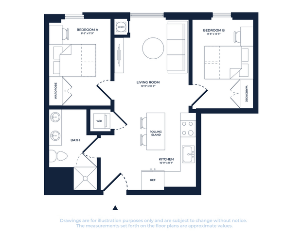 Chic floor plan showcasing 2 cozy bedrooms, a modern kitchen with a rolling island, and a welcoming living room with efficient layout.