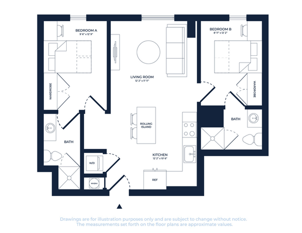 Modern floor plan highlighting a spacious 2-bedroom apartment with open living room, kitchen island, and two pristine bathrooms.
