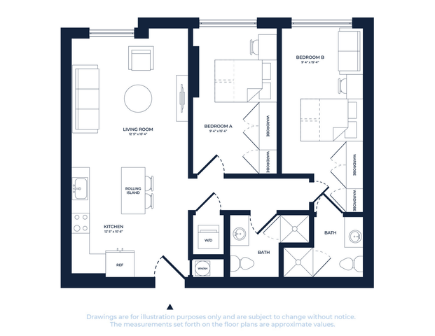 Modern floor plan featuring 2 spacious bedrooms with wardrobes, an open living room, kitchen with rolling island, and 2 bathrooms. Includes washer/dryer area for convenience.