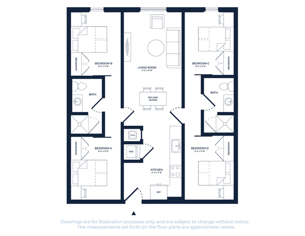 Stylish floor plan of a modern apartment showcasing four bedrooms, two bathrooms, an open living room, and a functional kitchen with rolling island.