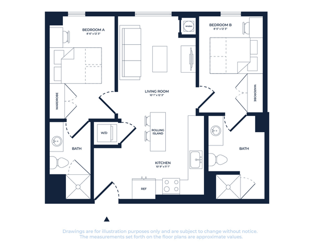 Modern 2D floor plan showcasing 2 bedrooms, open-concept living room, and a sleek kitchen with rolling island, ideal for contemporary living.