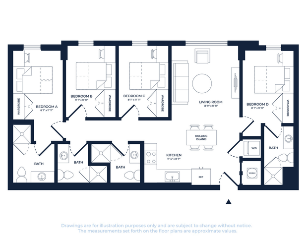 Modern floor plan featuring 4 bedrooms, spacious living room, efficient kitchen with rolling island, and multiple bathrooms.