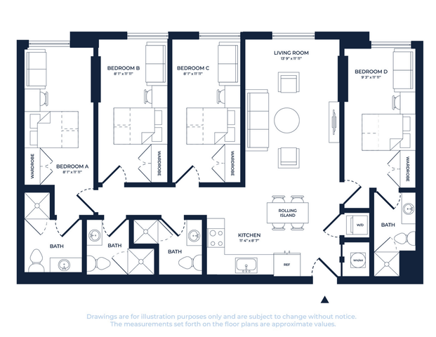 Chic floor plan of a modern apartment with 4 cozy bedrooms, spacious living room, fully equipped kitchen with island, and 3 elegant bathrooms.