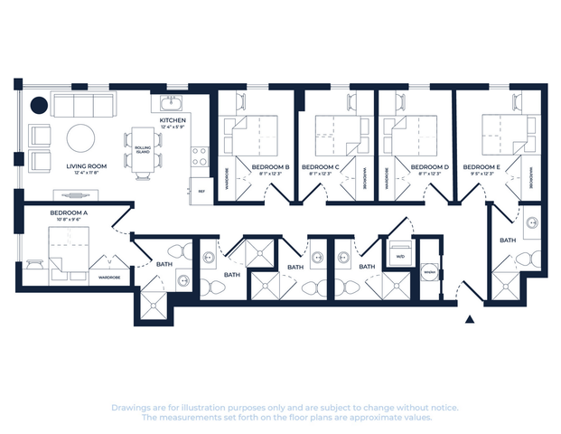 Contemporary floor plan featuring 5 bedrooms, open living area, modern kitchen with rolling island, and multiple baths, designed for optimal space and comfort.