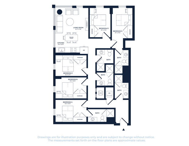 Modern floor plan showcasing four bedrooms, a spacious open-concept living and kitchen area, and multiple bathrooms for convenience.