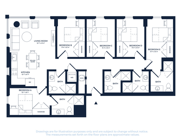 Spacious floor plan showcasing five bedrooms, an expansive living area, modern kitchen with rolling island, and multiple baths. Ideal for large families seeking comfort and luxury.