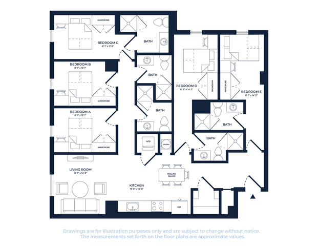 Elegant 2D floor plan showcasing 5 bedrooms, 3 baths, a spacious living room, and a modern kitchen with rolling island, perfect for contemporary living.