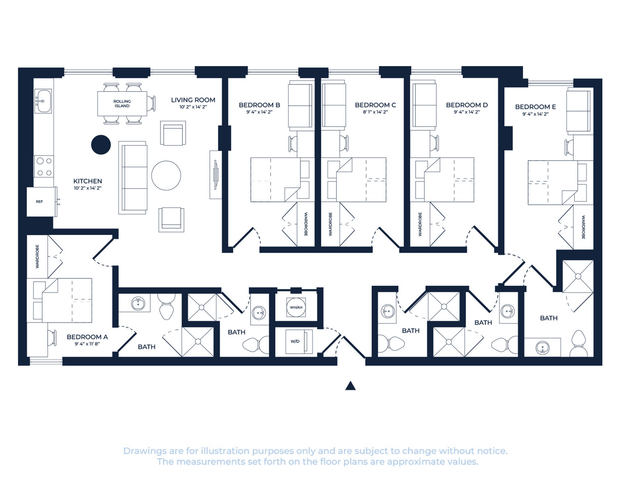 Spacious 5-bedroom apartment floor plan featuring a modern kitchen with rolling island, open living room, and multiple baths, ideal for family living.
