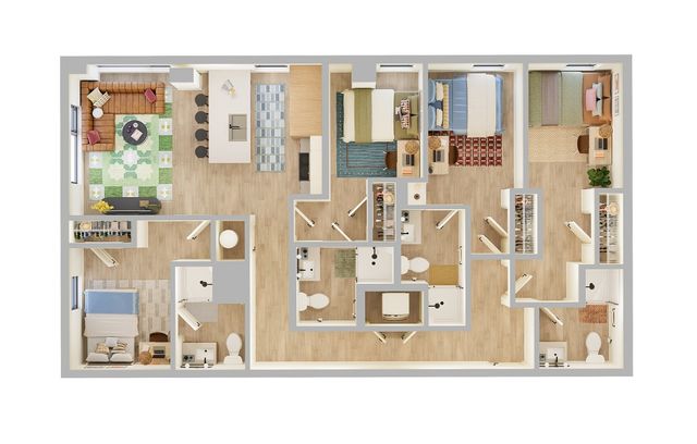 Inviting floor plan showcasing three bedrooms, a modern kitchen with breakfast bar, and a cozy open-concept living area.