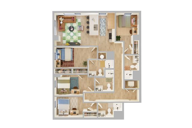 Elegant 3D apartment floor plan featuring three spacious bedrooms, open-concept living and dining area, modern kitchen, and multiple bathrooms for comfort and convenience.