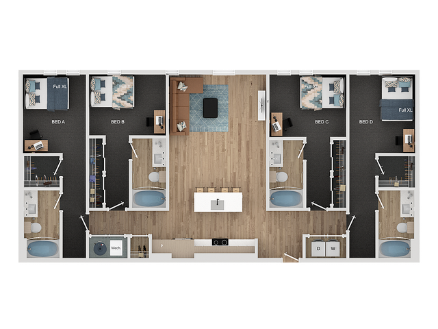 Contemporary floor plan showcasing four spacious bedrooms, a stylish open living area, and a central modern kitchen with a large island. Each bedroom features a private bath, offering comfort and luxury.