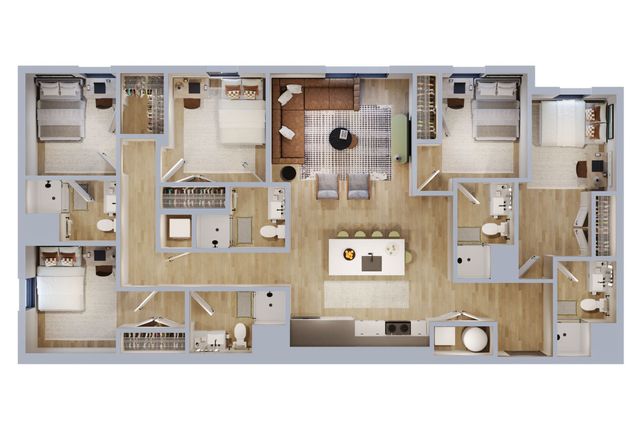 Modern 5-bedroom floor plan with open-concept living and dining area, spacious kitchen, and two sleek bathrooms.