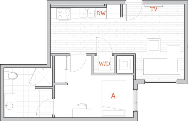 Chic apartment floor plan with a spacious bedroom, modern kitchen, cozy living room, and a bathroom. Includes in-unit washer/dryer for convenience.
