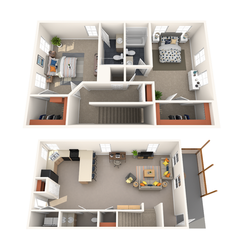 Modern 3D floor plan showcasing a spacious duplex with 2 bedrooms, an open-concept living area, stylish kitchen, and outdoor balcony.