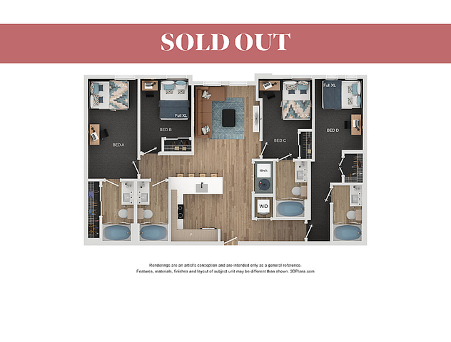 Modern floor plan of a four-bedroom unit with spacious living area, open kitchen, and dual bathrooms. Cozy and functional design ready for comfortable living.
