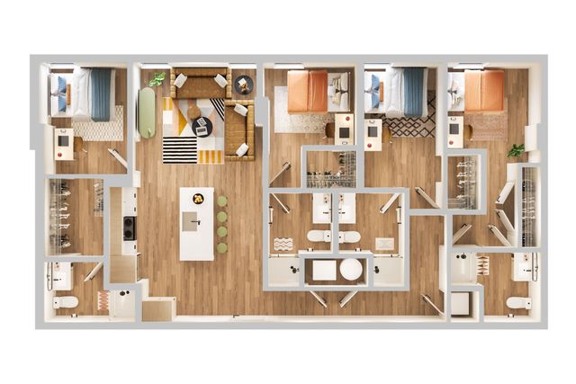 Modern apartment floor plan with three spacious bedrooms, an inviting open-concept living area, stylish kitchen with island seating, and elegant wooden flooring throughout.