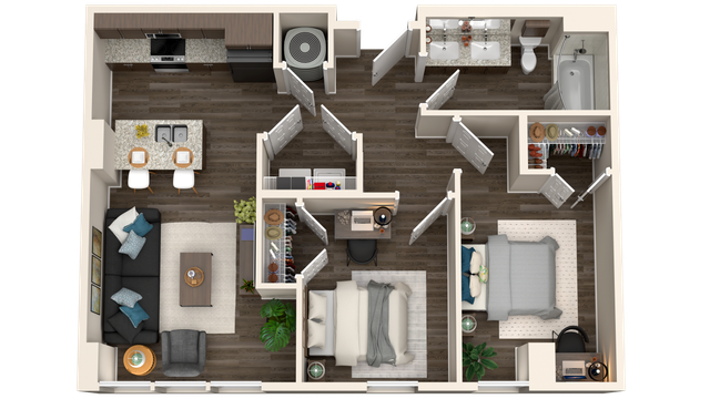 Modern 2D floor plan featuring two cozy bedrooms, a sleek kitchen with an island, stylish open living area, and a contemporary bathroom.