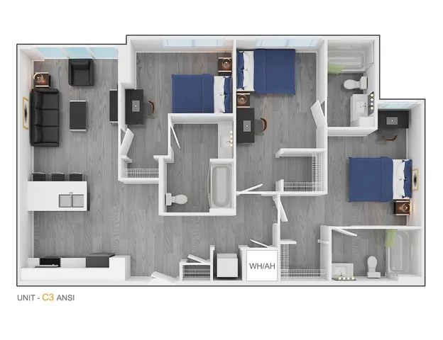 Modern 2D floor plan of Unit C3 featuring three cozy bedrooms, spacious open-concept living room, sleek kitchen with bar seating, and two well-appointed bathrooms.