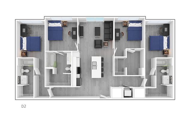 Modern 3-bedroom apartment floor plan featuring open living area, sleek kitchen, and dual bathrooms for ultimate comfort and functionality.