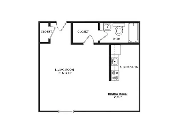 Efficient studio floor plan featuring a spacious living room, kitchenette, dining area, and two closets.