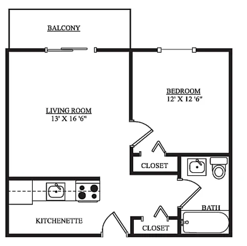 Charming floor plan showcasing a cozy 1 bedroom layout with a kitchenette, spacious living room leading to a balcony, and a stylish bath.
