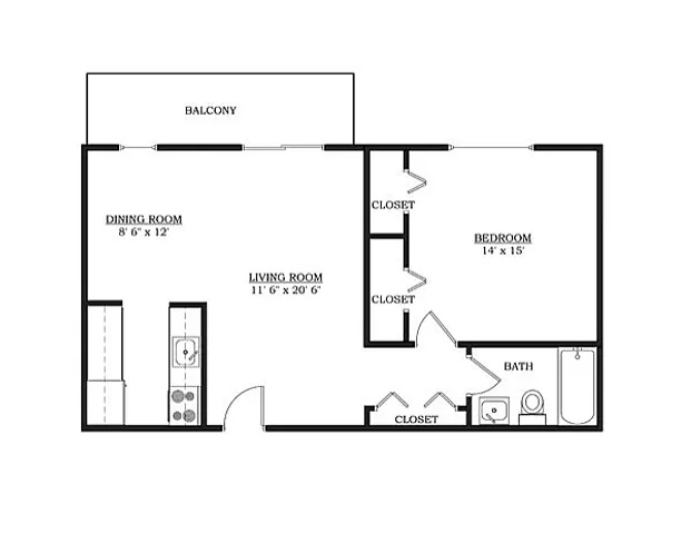 Charming 2D floor plan featuring a spacious bedroom, elegant living and dining areas, and a balcony for relaxing outdoor views.