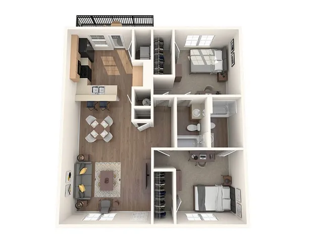 Modern 3D floor plan highlighting a spacious two-bedroom apartment with an open-concept living and dining area, stylish kitchen, and private balcony.