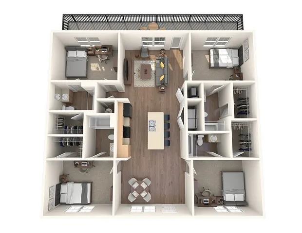 Modern 3-bedroom floor plan featuring a spacious open-concept living area, stylish kitchen island, and private balcony space.