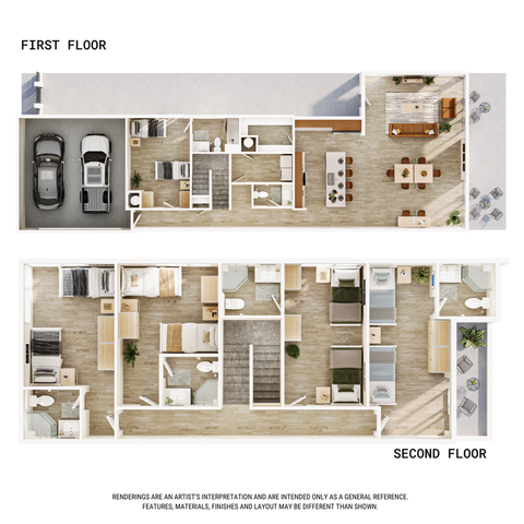 Elegant two-story floor plan featuring a spacious garage, modern kitchen, and inviting dining area on the first floor; upstairs showcases multiple bedrooms and bathrooms with generous living spaces.