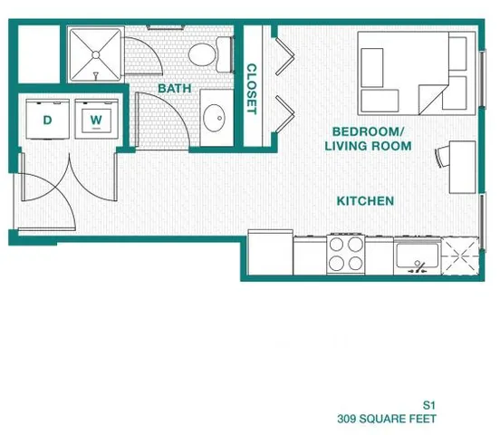 Efficient studio floor plan featuring integrated bedroom and living room, adjacent kitchen, and convenient bath, 309 square feet.